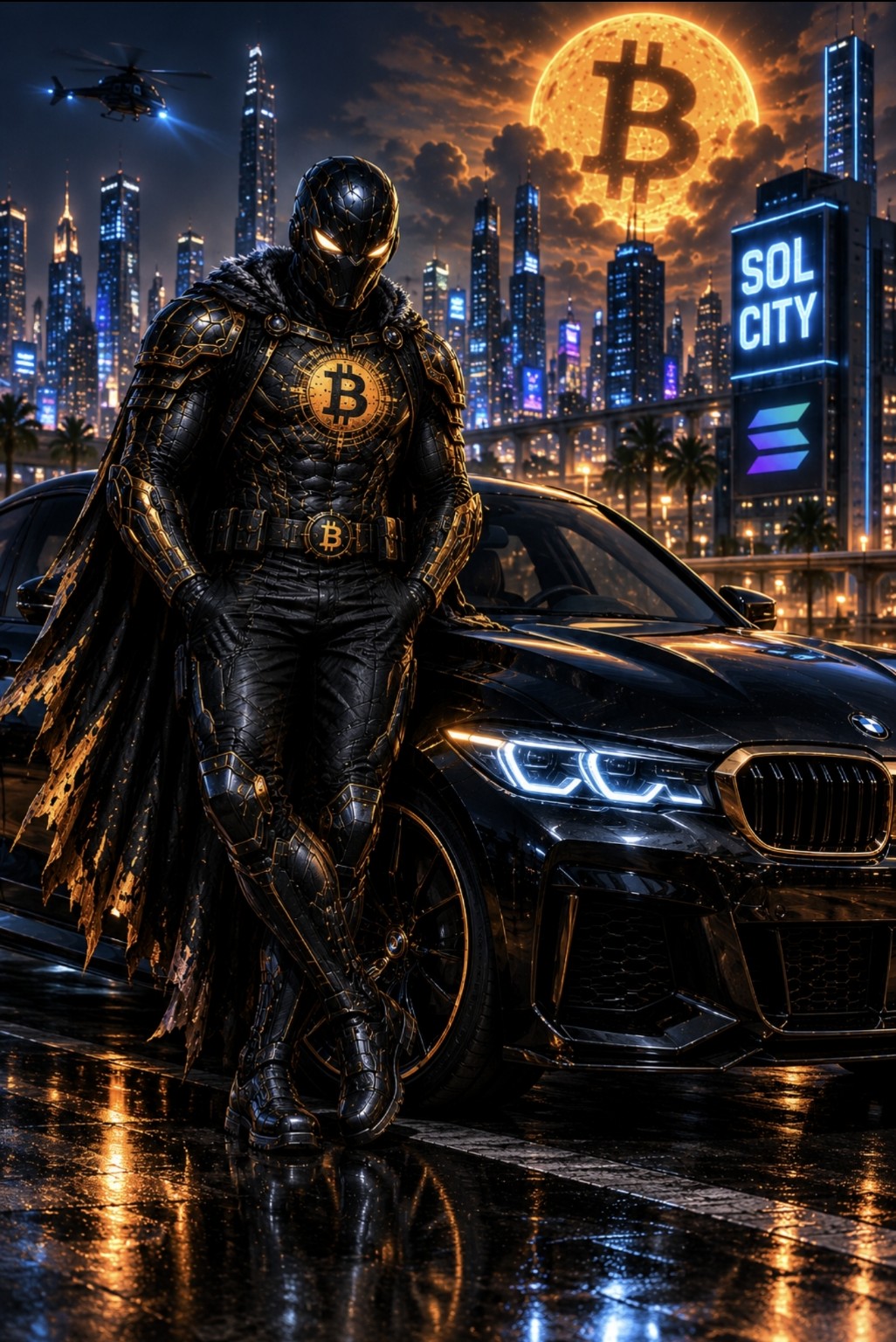 Cold Sun standing beside a black BMW in Sol City