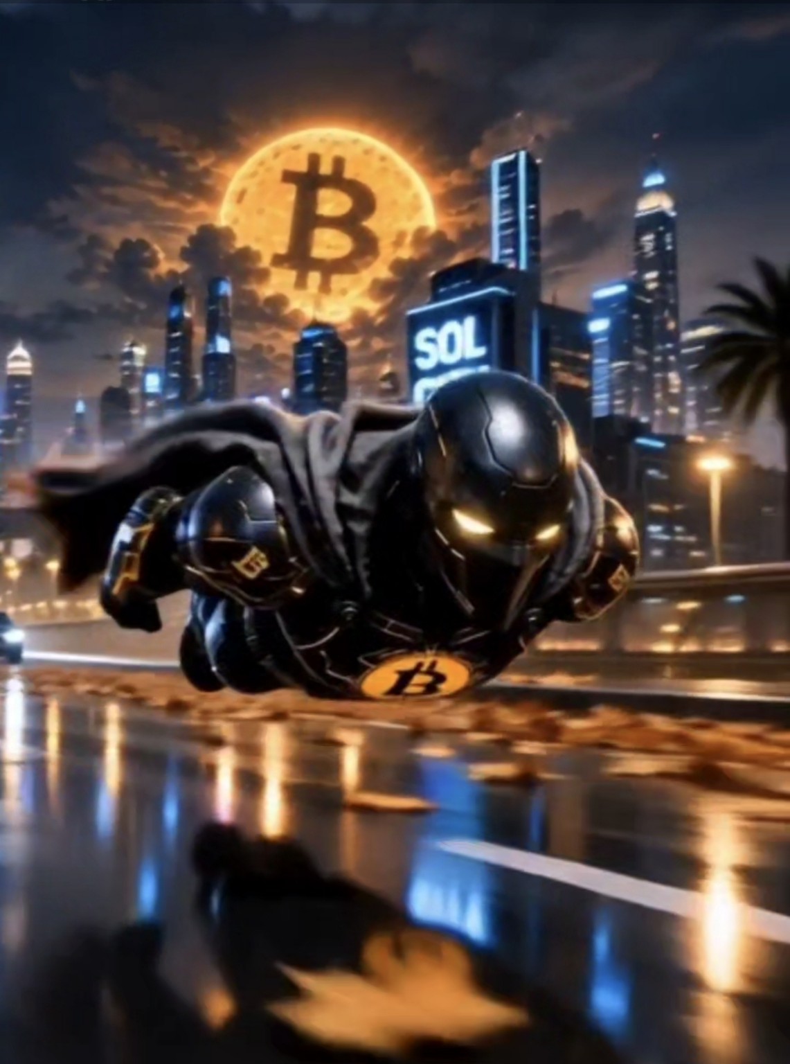 Cold Sun flying through Sol City beneath the Bitcoin sun